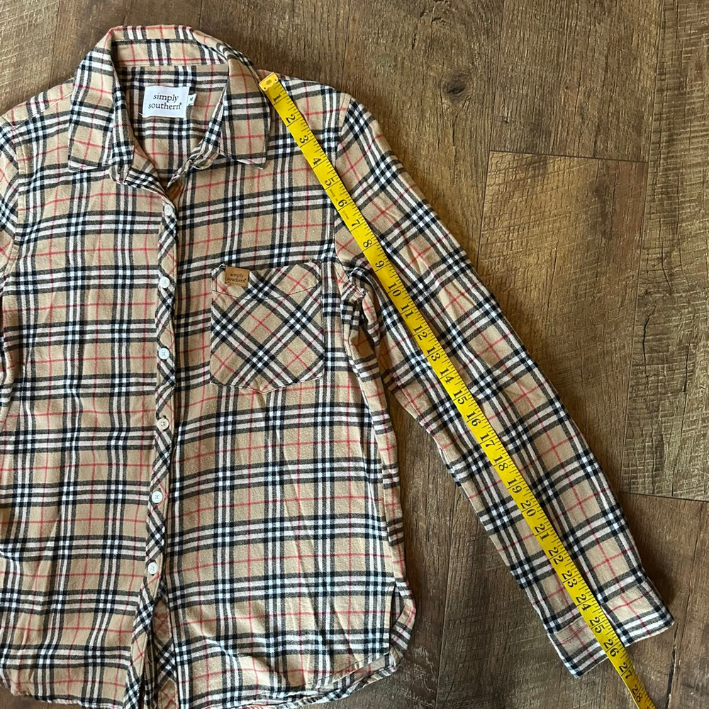Women's Simply Southern Plaid Button Down Shirt M Beige Black - Picture 6 of 9